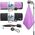 Amy Sport Golf Towels for Golf Bags for Women Men Value 2 Pack with 3 Strong Magnetic Retractable Carabiner and Black Brush, 16''X16'' Microfiber Waffle Pattern Towel Absorbent Set (Black&Purple)