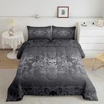 Adults Black Damask Bedding Set Antique Victorian Baroque Comforter Set Full Size,Gothic Vintage Floral Quilt Exotic Sugar Skull Duvet Insert,Gothic Bone Skeleton Bohemian Decor,Grey