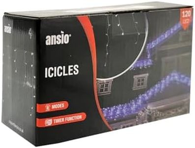 ANSIO® Outdoor Christmas Lights 120 LED 4m/13ft Icicle Lights Outdoor & Indoor Blue and Cool White Alternative String Fairy Outside Lights with Timer for Xmas Garden & Party|Mains Powered White Cable