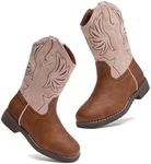 DADAWEN Kids Cowboy Boots for Boys Girls Glitter Embroidered Western Square Toe Cowgirl Boots Mid Calf Riding Shoes (Toddler/Little Kid/Big Kid) Brown/Pink US Size 13 M Little Kid