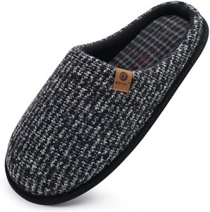 ONCAI Mens Black Knit Stripes Cozy Memory Foam scuff Slippers Slip On Warm House Shoes Indoor/Outdoor With Best Arch Surpport Size 11