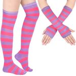 Blulu Arm Warmers Leg Warmers for Women Girls Striped Thigh High Socks Fingerless Gloves Striped Stocking(Rose and Purple)