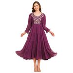 RATAN Women's Floral Embroidered Puff Sleeve Chiffon Flared Tiered Kurta Gown Maxi Dress (BTF-MAG-L_Magenta)