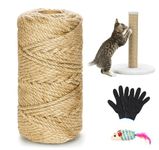 Sisal Rope for Cat,6mm (60M/197 FT) Natural Jute Rope with a Pair of Protective Gloves and Mice, Replacement for Cats Scratcher, Jute Rope for Cat Scratching Tree Home Garden DIY Decoration (Yellow)