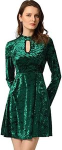 Allegra K Women's Keyhole Neck Dresses High Waist Long Sleeve Velvet Swing Mini Dress Dark Green Small