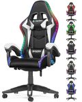 bigzzia Gaming Chair with RGB Computer Chair with Light Reclining PU Leather Video Game Chair with Headrest Adjustable Lumbar Support (Black/White)