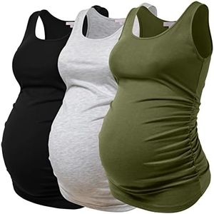 Bhome Maternity Tank Top Sleeveless Tshirts Pregnancy Tee 3-Pack Black/Light Grey/Army Green M