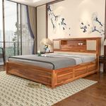 Kunjal Furniture Solid Sheesham Wood King Size Bed with Storage for Bedroom - Wooden King Size Cot Bed - Double Bed with Headboard Storage Furniture for Home (Teak Finish)