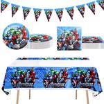 32Pcs Superhero Avengers Party Tableware Kits Decorations for Kids, Marvel Avengers Party Table Cloth,10pcs 7inch Paper Plates,20 Paper Napkins Birthday Disposable Tableware Set for Kids Party Favors