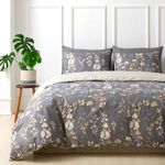 Tokokimo Duvet Cover Set - Bedding Sets Double Reversible, Gold Floral Microfiber Duvet Cover with Pillow Cases, Gifts for Mom Dad Bedroom Decor (Flowers, Grey, Double 200x200 cm)