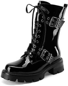 Perisis Women's Leather Platform Lug Sole Low Chunky Heel Combat Boots Lace Up Buckles Zipper Fashion Ankle Booties, Black Leather, 6.5