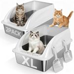Tevila 2 Pack XL Stainless Steel Litter Box with High Sides Shield for Multi Cat, Extra Large Tall Wall Open Top Deep Metal Pan for Big Cats, Anti-Leak Non-Stick Odor Control, 2 Scoops Included, Gray