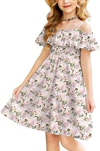 Arshiner Girls Ruffle Chiffon Short Sleeve A-line Swing Dress Summer Outfits Dress Red Floral 8-9 Years