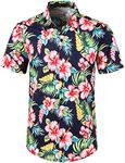 JOGAL Mens Flowers Casual Aloha Hawaiian Shirt Large A335, Navy Hibiscus, L