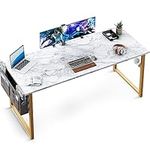 ODK 63 inch Super Large Computer Writing Desk Gaming Sturdy Home Office Desk, Work Desk with A Storage Bag and Headphone Hook, White Marble + Gold Leg