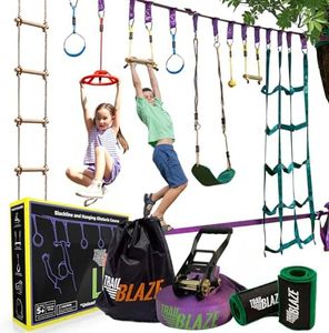 Ninja Warrior Obstacle Course for Kids - 2 x 55ft Slackline Double the Fun Exciting Obstacles Cargo Net Rope Ladder Monkey Bars Ninja Course for Kids