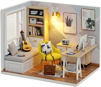 CUTEROOM DIY Miniature Dollhouse Kit with Furniture,Wooden Doll House Plus LED Lights & Dust Cover, DIY House Kit, Mini House Building kit(Study Room)