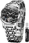 OLEVS Mens Automatic Watch Self Winding Mechanical Skeleton Tourbillon Fashion Business Luxury Dress Stainless Steel Wrist Watches for Men Waterproof Luminous
