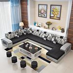 Homeify Carlo 9 Seater Fabric Sofa Set with 4-Puffy Convertible Sofa Set for Living Room (Black)