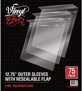 Resealable Record Outer Sleeves for 12" Vinyl Records (75 Pack) | 3 Mil Polypropylene Covers with Flap | Premium Vinyl Protective Sleeves That Cover and Seal Albums Completely to Prevent Damage