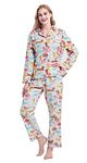 CHUNG Women Flannel Pajamas Set Long Sleeve Shirt Pants S-XL Sleepwear Button Down Cute Pattern,Yellow Cat,XL