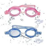 2 Pack Kids Swimming Goggles, Waterproof Clear Swim Goggles with Silicone Adjustable Head Strap for 3-12 Years Old Girls Boys Children (Blue+Pink)