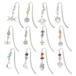 GOMAKERER 12 Pcs 12 Styles Gemstone Beaded Bookmarks, Antique Silver Stone Hook Bookmark Alloy Tibetan Style Pendant Bookmark with Heart Sun Moons Pendant for Teacher Student Gift