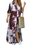 OMZIN Womens Maxi Dresses Long Sleeve T-Shirt Dress Floral Printed Casual Loose Party Dress Tie Dye Wine L