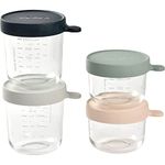 Beaba, Set of 4 Baby Food Storage Containers, Glass Conservation Jar, Graduation Measuring Scale, Heat and Thermal Sock Resistant, 2 X 150ml / 2 X 250ml, Pink, Eucalyptus Green, Dark Blue & Light Mist