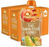 Happy Baby Organics Stage 2 Baby Food Pouches, Gluten Free, Vegan & Healthy Snack, Clearly Crafted Fruit & Veggie Puree, Pumpkin, Peaches & Granola, 4 Ounces (Pack of 16)