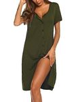 Ekouaer Nightdress for Women UK Short Sleeve Nightshirt Button Down Nightgown Sleepwear Summer Sleepshirts, Green Medium