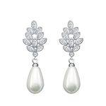 QUKE Women Silver Tone Cubic Zirconia Crystal Simulated Pearl Dangle Bridal Earring Lady Jewellery