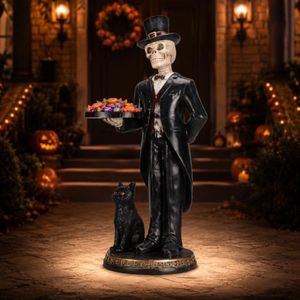 elesculor 35.4 Inch Halloween Skeleton Butler Statue with Serving Tray, Gothic Floor Decor with Black Cat for Entryway, Haunted House, Party, Bar and Home