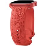 Floral Engraved Watch Strap Compatible with Apple Watch Band 40mm 41mm 38mm 42mm 44mm 45mm 49mm Women, Cute Embossed Flower Silicone Strap for iWatch Band Series 9 8 7 6 5 4 3 2 1 SE Ultra Red 38