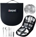 Aaspad Picnic Cutlery Kit with Portable Case Camping Essentials Silverware Set Travel Utensils Outdoor Tableware Stainless Steel Flatware with Forks,Spoons,Serrated Knife,Food Clip,Plates (Sliver)