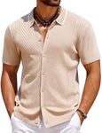 COOFANDY Men's Short Sleeve Button Down Knit Polo Shirt Casual Summer Beach Vacation Vintage Lightweight Tops Khaki S