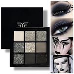 GL-Turelifes 9 Colors Matte&Pearl Black Eyeshadow Palette, Smoky Eye Shadow Makeup, Silver Glitter Grey Eyeshadow with Mirror Waterproof Sweat-proof Long Lasting Eye Shadows (Black)