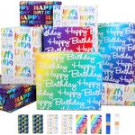 Wrapping Paper Birthday with Gradient Multi Color Happy Birthday Text Design,Birthday Wrapping Paper,6 Gift Wrapping Paper Sheet+Tags+Ribbon,Birthday Gift Wrap Birthday Paper for Boy Men Girl Women