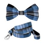 Blue Tartan Dog Bowtie Collar and Leash Set, Blue Plaid Dog Collar with Bow Tie, Blue Scottish Tartan Dog Collar (Light Blue, Small)