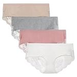 LIQQY Women's 4 Pack Cotton Briefs Mid Rise Panty Pretty Lace Back Full Coverage Underwear (Nude/Grey/Pink/White, X-Large)