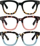 REAVEE 3 Pack Retro Oversized Reading Glasses for Women Blue Light Blocking Cute Stylish Large Frame Square Computer Readers Eye Protection with Spring Hinge,Yellow Pink Blue,1.0