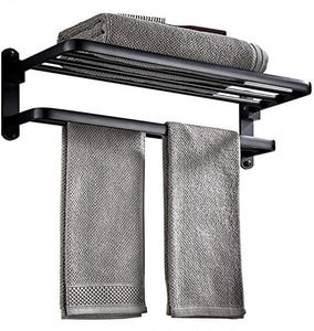 WUYING Sin Taladro Espacio de Aluminio Estante de Toalla Negro Plegables Toallero Montado en la Pared Doble Capa Barra de Toalla Impermeable para Cuarto de baño Hotel Balcón Etc60cm(24inch)