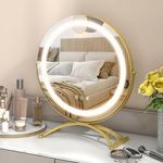 Tangkula Vanity Mirror with Lights, 3 Color Dimmable LED Lighted Makeup Mirror with 360° Rotation and Memory Function, High-Definition Round Light Up Mirror (Gold, 16" Round with Stand)