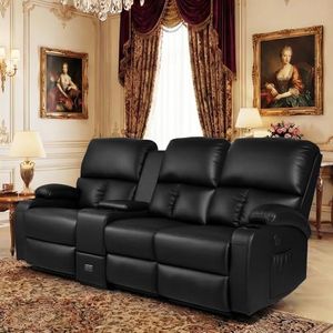 CHABATREE Home Theater Seating,RV Recliner Sofa with Massage and Heat,Manual RV Recliner Loveseat with USB/Cup Holders and Side Pocket for Living Room,3 Loveseat Black