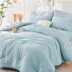 HYMOKEGE Lake Blue Queen Comforter Set, Seersucker Bed in a Bag Queen 7 Pieces, All Season Luxury Bedding Set with Comforters, Sheets, Pillowcases & Shams