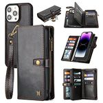 QIXIU for iPhone 14 Pro Wallet Case,iPhone 14 Pro Case with Card Holder,iPhone 14 Pro Leather Case for Women Men,Premium iPhone 14 Pro Case with Magnetic Kickstand Strap Zipper(Black)