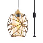 YLONG-ZS Hanging Swag Lights Plug in Pendant Light with On/Off dimmable Switch Wire Bronze Finish Metal Caged Hanging Pendant Lamp with Amber Glass Inner Shade for Kitchen Island, Bedroom