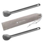 Navaris Long Handle Titanium Spork and Spoon - 8.4" (21.5cm) Long Metal Cutlery Set for Backpacking and Camping - Strong Lightweight - Includes Bag