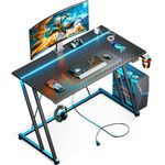 MOTPK Small Gaming Desk with LED Lights & Power Outlet, Computer Desk 39inch for Small Space, Gaming Table with Carbon Fiber Texture, Kids Desk Gift for Boys Men, Black