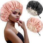 Atudew Satin Bonnet, 2PCS Silk Bonnet, Hair Bonnet for Black Women for Curly Hair Sleeping, Silk Sleeping Cap, Satin Sleep Cap, Satin Night Cap, Hair Cap for Sleeping, Sleep Bonnet, Black & Pink